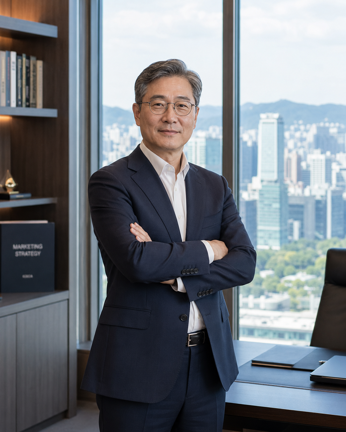 도시 뷰가 보이는 사무실에서 팔짱을 끼고 있는 JINITEAM CEO 이미지